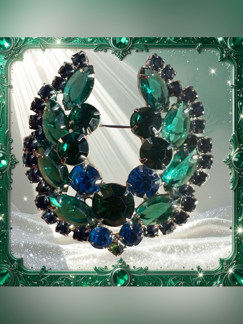 Juliana Emerald Green & Sapphire Blue Rhinestone Horseshoe Brooch & Earrings Set